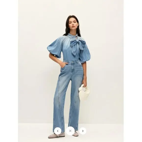 NWT Commense Denim Puff-Sleeve Top With Bow Detail Sz L - Picture 6 of 7